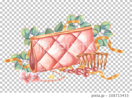 Handbag and accessories for parties, weddings, visits. Clutch, hairpin, dangle earrings, gold ribbons, hydrangea flower, eucalyptus branches. Watercolor illustration for your design. Female fashion. 108713433