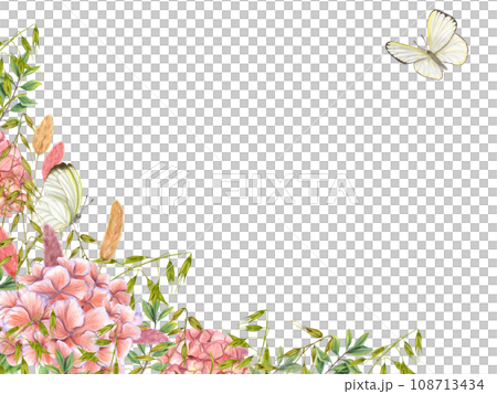 Horizontal frame with hydrangea, lagurus, wild oats, fluttering butterflies. Cabbage, flower and greenery. Watercolor illustration of , garden plants. Composition for postcards, greeting design. 108713434