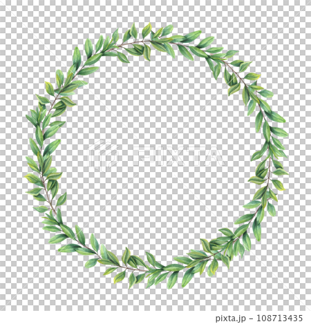 Watercolor wreath with abstract leaves. Green Branch, garden plants. Herbal composition. Tea leaves. Illustration for Valentines day, birthday, mothers day, greeting, wedding Invitation. 108713435
