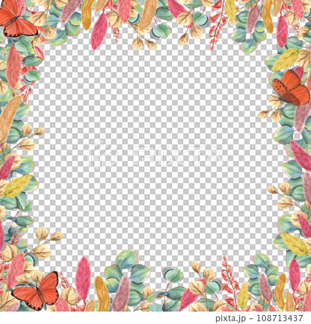 Floral frame of dried lagurus, eucalyptus branch, abstract flowers and fluttering butterflies. Herbal composition. Orange, yellow, terracotta, green colors. Watercolor illustration for greeting 108713437