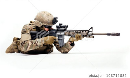 Military Soldier Aiming Rifle Isolated on White. Generative ai Military Soldier Aiming Rifle Isolated on White. Generative ai 108713883