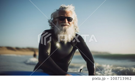 Senior Surfer with White Beard in Neoprene Wetsuit. Generative ai 108713962