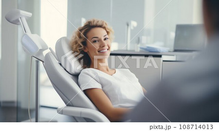 Confident Smile: Woman in a Dental Chair. Generative ai 108714013