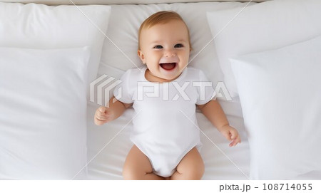 Joyful Baby in White Bodysuit Relaxing on a White Bed. Generative ai 108714055