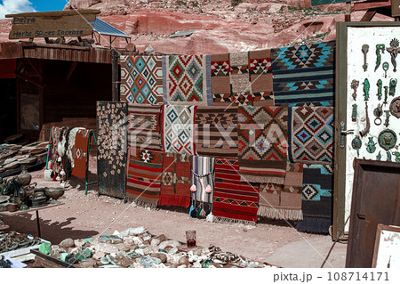 View of an open-air souvenir shop located along the Siq Canyon in the city of Petra, Jordan. 108714171