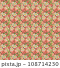 A pattern of tulips and daisies on a light coral, pink background. 108714230