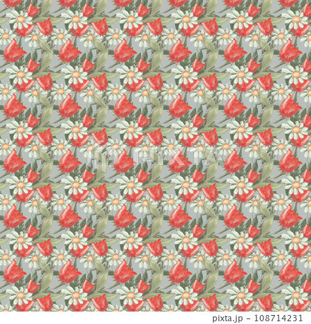 Pattern of tulips and daisies on a light gray background. 108714231