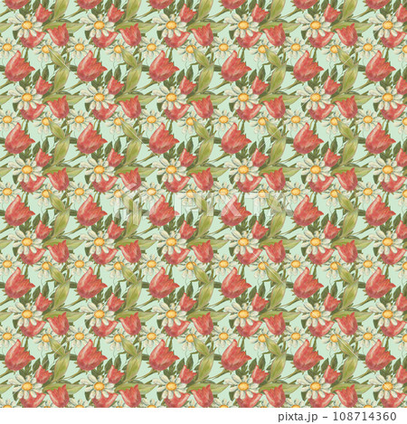 Pattern of tulips and daisies on a light green background. Pattern of tulips and daisies on a light green background. 108714360