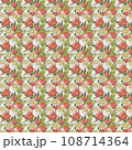 Pattern of tulips and daisies on a light pink background. 108714364