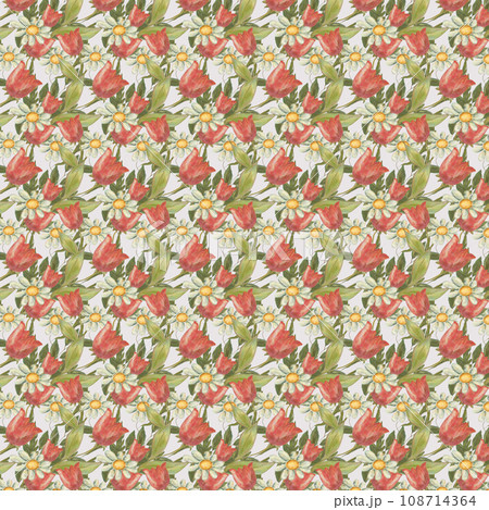 Pattern of tulips and daisies on a light pink background. 108714364