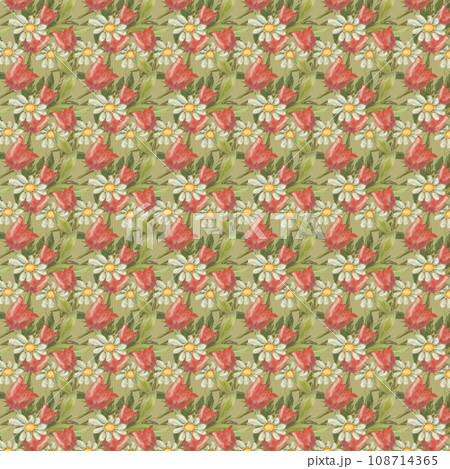Pattern of tulips and daisies on a green background. Pattern of tulips and daisies on a green background. 108714365