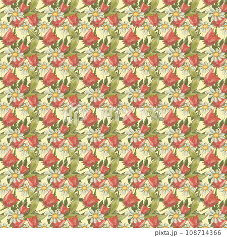 Pattern of tulips and daisies on a light yellow background. 108714366