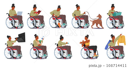 Disabled Woman In Wheelchair Tackles Household Chores. Female Character Shopping, Walking With Dog, Reading 108714411