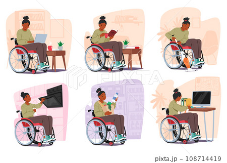 Disabled Woman In Wheelchair Tackles Household Chores. Female Character Shopping Groceries, , Reading, Vacuuming 108714419
