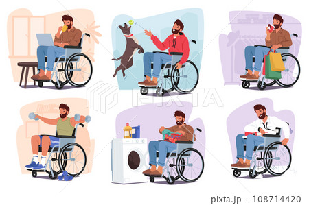 Disabled Man In Wheelchair Tackles Household Chores. Character Shopping, Playing With Dog, Exercising, Washing Clothes Disabled Man In Wheelchair Tackles Household Chores. Character Shopping, Playing With Dog, Exercising, Washing Clothes 108714420