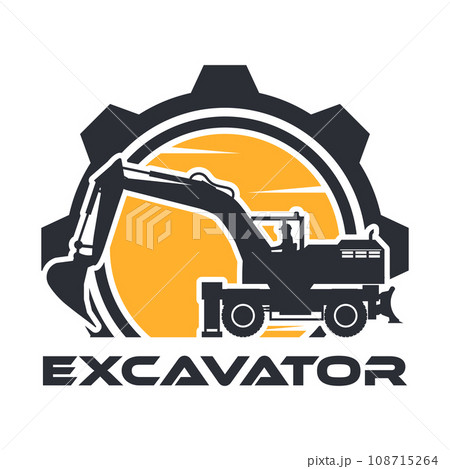 Logo with gear and operator driving a heavy machinery wheeled excavator. 108715264