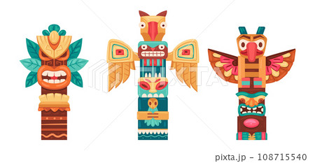 Cartoon ritual wooden statues. Ethnic tiki totems, hawaiian and african traditional sculptures, Native african or indian figures flat vector illustration set. Aboriginal pole totems 108715540