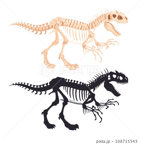 Dino skeleton silhouettes. Predator raptor fossil bones, ancient dinosaur silhouette flat vector illustration set. Jurassic reptile skeleton 108715543