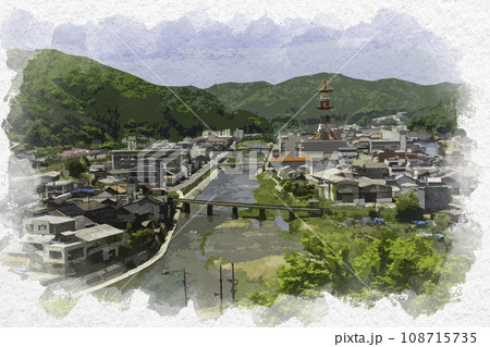 水彩画風　新見市街地　北部方面　岡山県新見市 108715735