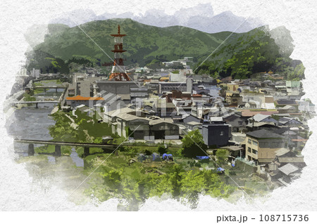 水彩画風　新見市街地　北部方面　岡山県新見市 108715736