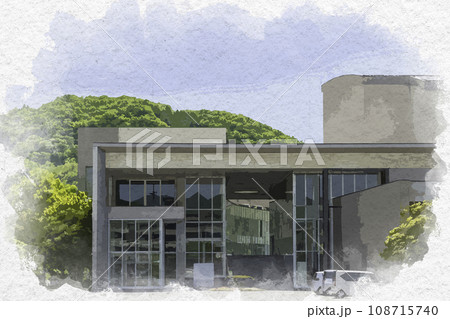 水彩画風　新見市役所　まなび広場にいみ　岡山県新見市 108715740