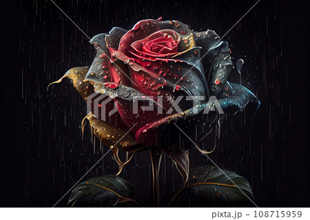 Beautiful red rose in raindrops isolated on black background. Contains clipping path 108715959
