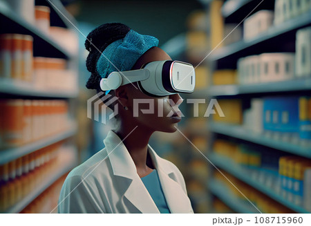 Side view of young professional African woman pharmacist, wearing virtual reality headset, working in modern drugstore and looking at shelves with medicines and gesturing 108715960