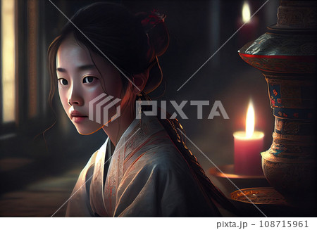 A Korean girl sitting down in a Korean temple A Korean girl sitting down in a Korean temple 108715961