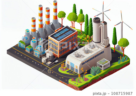 Geothermal power station of clean electrical energy with chimneys industrial buildings and power line supports isometric concept  108715987