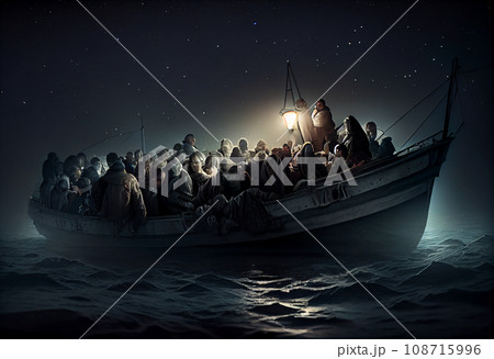 crowd of migrants and refugees on boat at night crowd of migrants and refugees on boat at night 108715996
