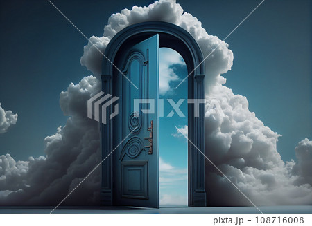 New life door to heaven, conceptual image. Leaving all problems behind, walking into a new life, retirement or withdrawal concept. New life door to heaven, conceptual image. Leaving all problems behind, walking into a new life, retirement or withdrawal concept. 108716008