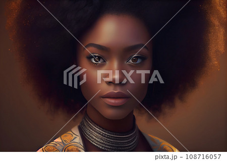 Beauty portrait of african american woman with clean healthy skin on beige background. Smiling dreamy beautiful afro girl.Curly black hair Beauty portrait of african american woman with clean healthy skin on beige background. Smiling dreamy beautiful afro girl.Curly black hair 108716057