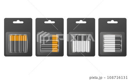 Vector 3d Realistic Four Alkaline Battery in the Black Paper Blister Icon Set Closeup Isolated. AA Size, Horizontal and Vertical Position. Design Template for Branding, Mockup Vector 3d Realistic Four Alkaline Battery in the Black Paper Blister Icon Set Closeup Isolated. AA Size, Horizontal and Vertical Position. Design Template for Branding, Mockup 108716131
