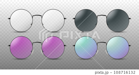 Vector Realistic Colorless, Black, Pink and Purple Round Frame Glasses Frame Set Closeup Isolated. Transparent Sunglasses for Women and Men. Optics, Lens, Vintage, Trendy Glasses. Front View 108716132