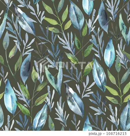 Watercolor seamless pattern with dark green plants. Hand drawn artistic print for design and textile 108716215