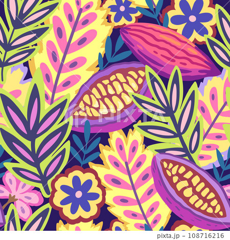 Colorful tropical seamless pattern. Abstract psychedelic motif with plant and floral elements. Joyful print for design. Vector illustration 108716216
