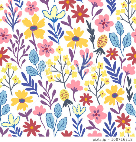 Floral seamless pattern in folk boho style. Ditsy print for textile, fashion and design. Vector illustration 108716218