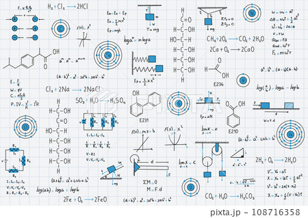 Calculus equations, algebra, organic chemistry, chemical reactions, chemical elements, physics, rectilinear motion, statics, electromagnetism, friction force, energy, with grid sheet background 108716358