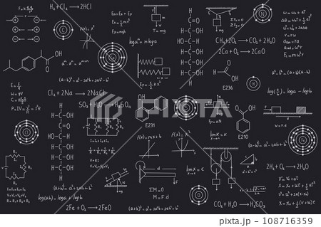 Calculus equations, algebra, organic chemistry, chemical reactions, chemical elements, physics, rectilinear motion, statics, electromagnetism, friction force, energy, with black chalkboard background 108716359