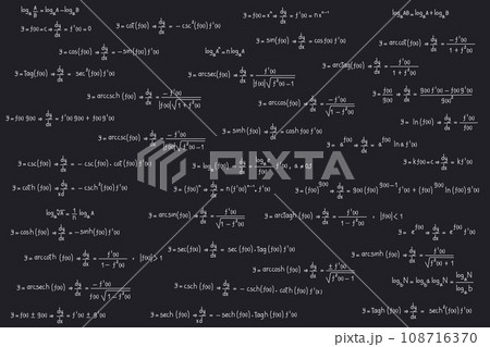 Equations and formulas of logarithms, derivatives, trigonometric, logarithmic, hyperbolic and inverse on a black chalkboard background Equations and formulas of logarithms, derivatives, trigonometric, logarithmic, hyperbolic and inverse on a black chalkboard background 108716370