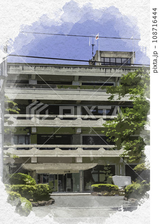 水彩画風　新見市役所　本庁舎　岡山県新見市 108716444