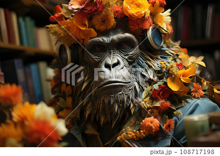 Soulful Gorilla Adorned with Vibrant Flowers Contemplates in a Library. AI generation Soulful Gorilla Adorned with Vibrant Flowers Contemplates in a Library. AI generation 108717198