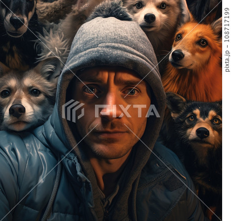 Man in Hoodie Shares a Moment Surrounded by Curious Canine Companions. AI generation 108717199
