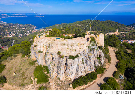 View from drone of remains of medieval castle of Begur, Catalonia, Spain 108718031