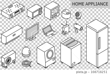 新生活所需的家電插圖，簡單等距，單色 108718251