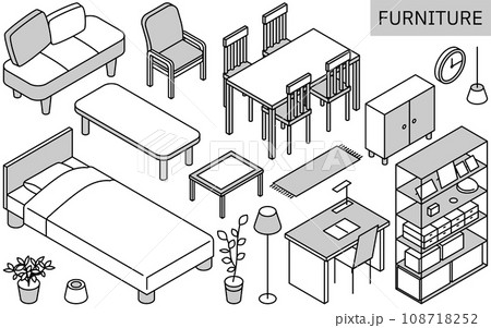 新生活で必要な家具のイラスト、シンプルなアイソメトリック、モノクロ 新生活で必要な家具のイラスト、シンプルなアイソメトリック、モノクロ 108718252