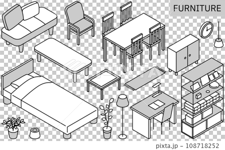 新生活で必要な家具のイラスト、シンプルなアイソメトリック、モノクロ 新生活で必要な家具のイラスト、シンプルなアイソメトリック、モノクロ 108718252