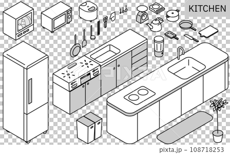 Illustration of kitchen utensils necessary for new life, simple isometric, monochrome Illustration of kitchen utensils necessary for new life, simple isometric, monochrome 108718253