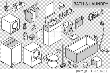 新生活で必要な風呂と洗濯用品のイラスト、シンプルなアイソメトリック、モノクロ 新生活で必要な風呂と洗濯用品のイラスト、シンプルなアイソメトリック、モノクロ 108718254
