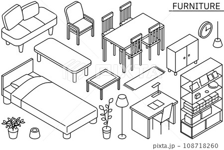 新生活で必要な家具のイラスト、シンプルなアイソメトリック、白黒 新生活で必要な家具のイラスト、シンプルなアイソメトリック、白黒 108718260